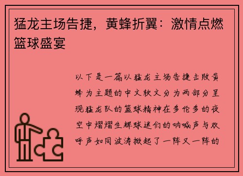 猛龙主场告捷，黄蜂折翼：激情点燃篮球盛宴