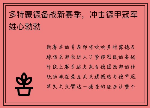 多特蒙德备战新赛季，冲击德甲冠军雄心勃勃